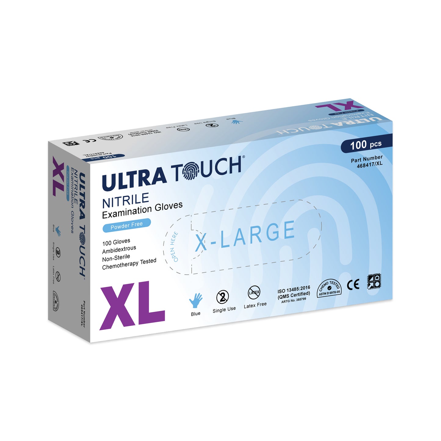 Ultra Touch® Examination Nitrile Gloves Chemo-Tested Blue Powder Free Box/100