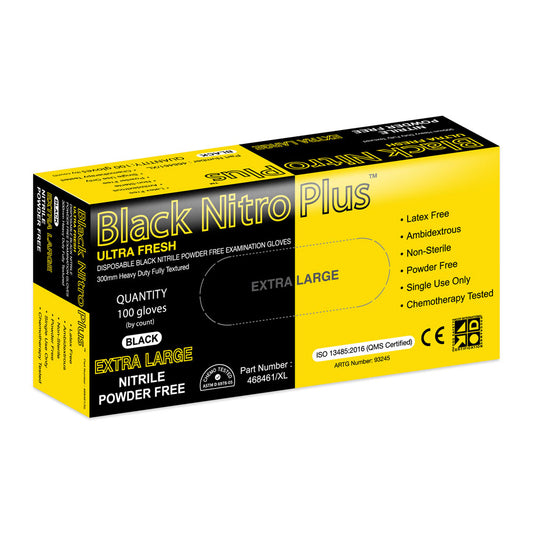 Ultra Fresh® Black Nitro Plus® Disposable Nitrile Gloves Heavy Duty 300mm Extended Cuff Powder Free Box/100