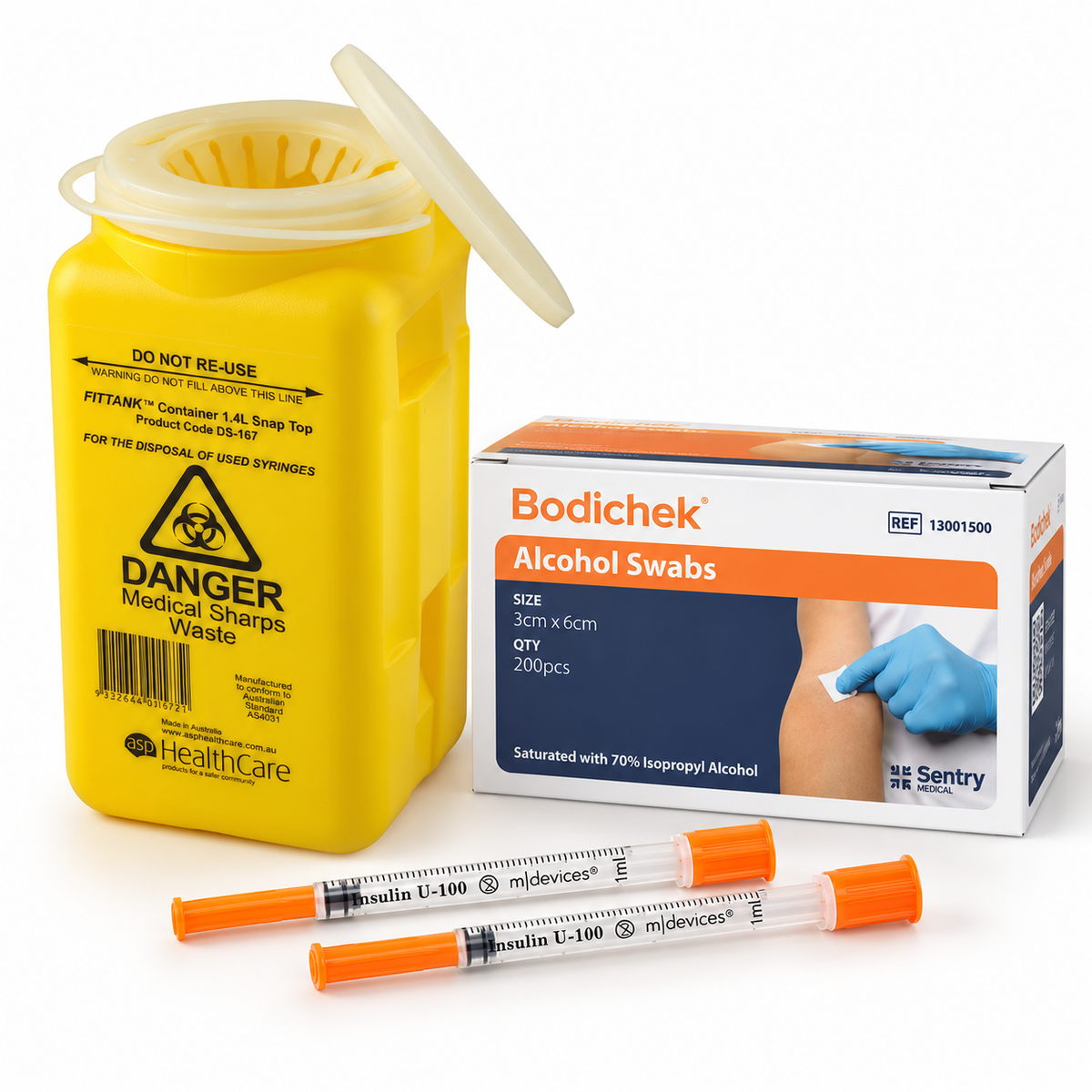 Safe Injection Kit - Insulin Needles, Alcohol Swabs, Sharps Disposal