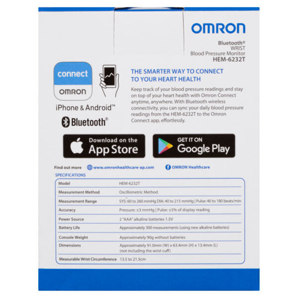 Omron HEM6232T Bluetooth Wrist Blood Pressure Monitor