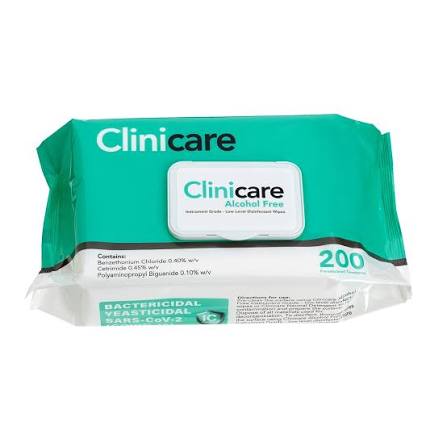 CLINICARE ALCOHOL FREE INTRUMENT GRADE DISINFECTANT WIPES FLAT PACK - 200 Wipes